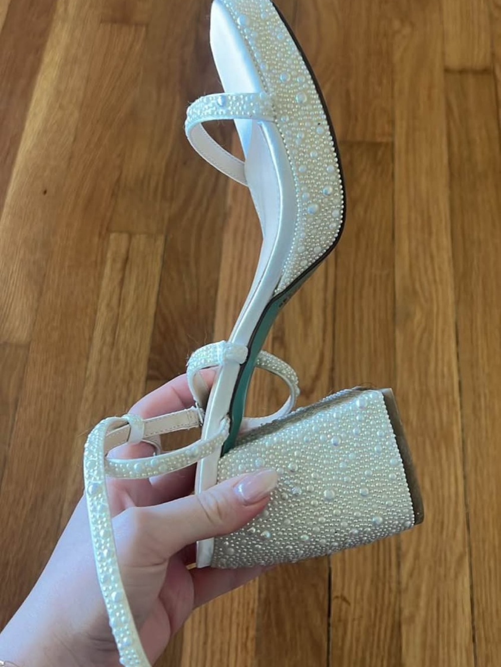 Betsy Johnson Pearl-Embellished White Strappy Block Heel Sandals - Picture 2 of 4